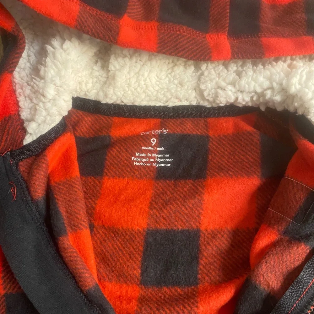 Carter's Fleece Hooded Jumpsuit Baby Red Black Buffalo Plaid Excellent‎ SIZE 9M